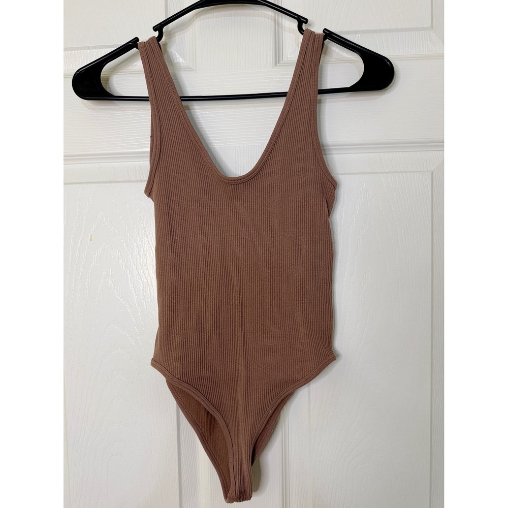 Zara Bodysuit Women XS Brown Ribbed V-Neck Sleeveless Stretch Knit